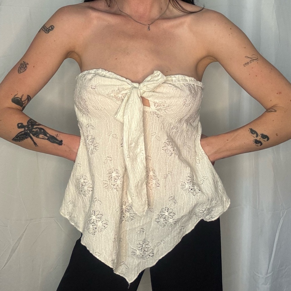 White Strapless Tie-Front Top